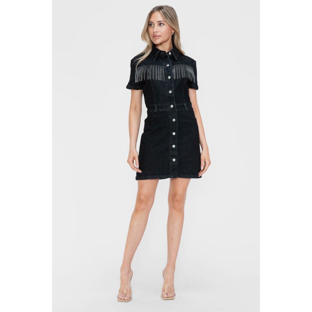 BYTOS Black Denim Fringe Embellished Button Down Short Sleeve Jean Dress NEW - Picture 3 of 5